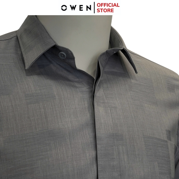 Áo Sơ Mi Nam Tay Dài Owen AS240572D màu xám họa tiết dáng ôm slim fit tà lượn không túi chất liệu modal poly