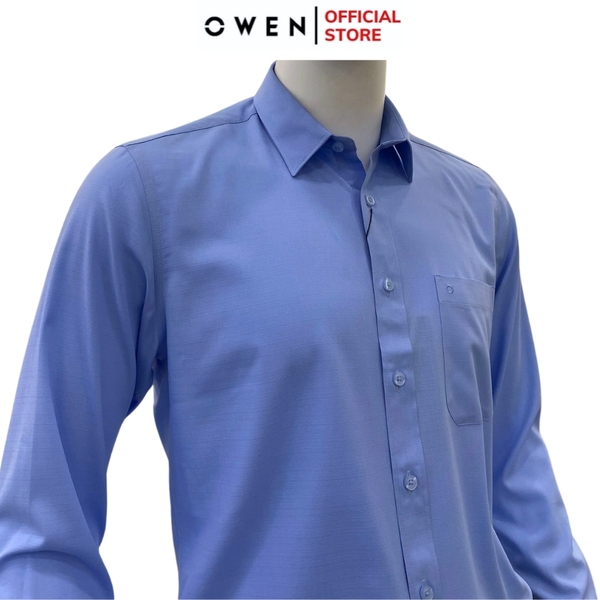 Áo Sơ Mi Nam Tay Dài Owen AR240580DT màu xanh dương dáng suông regular fit tà lượng có túi Chất liệu Bambo poly