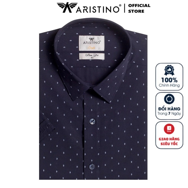 Áo Sơ Mi Nam Tay Ngắn Aristino ASS035S9 Màu Xanh Tím Than In Lá Dáng Slim Fit Vải Sợi Tre