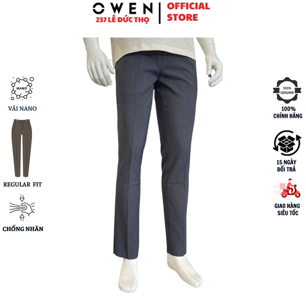 Quần Tây Nam Owen QRT263053 màu xám đậm dáng suông regular fit cạp tăng đơ chất liệu nano