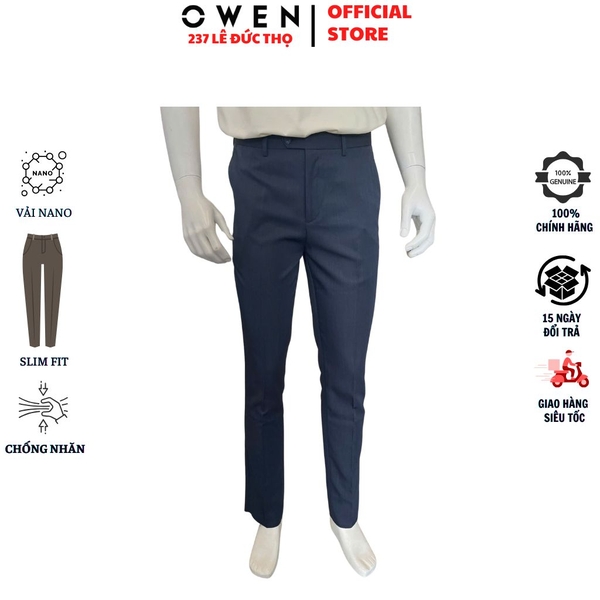 Quần Tây Nam Owen QST263056 màu xanh đậm dáng ôm slim fit cạp tăng đơ chất liệu Nano