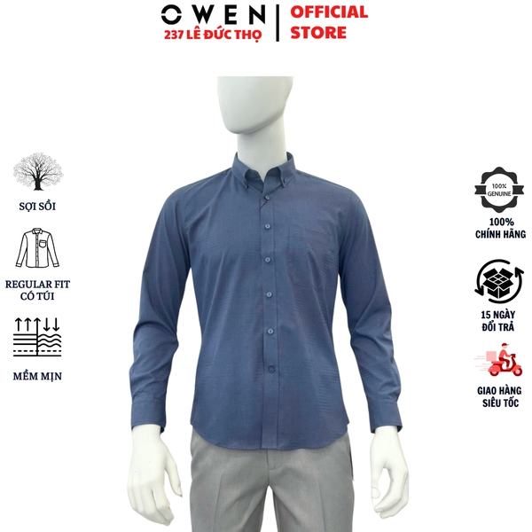 Áo sơ mi nam tay dài Owen AR240586DT màu xanh tím than dáng suông regular fit tà lượn có túi chất liệu modal spandex