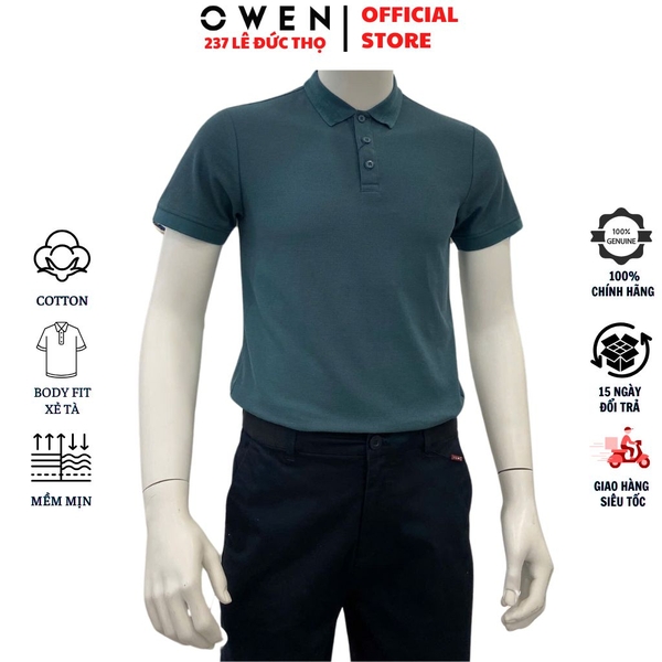 Áo Thun polo Nam Tay Ngắn Có Cổ Owen APV253613 màu xanh lá đậm dáng suông tà bằng xẻ tà chất liệu cotton poly