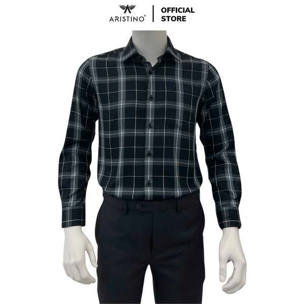 Áo Sơ Mi Nam Dài Tay Aristino ALS1800Z màu đen kẻ xanh dáng suông vừa regular fit tà lượn