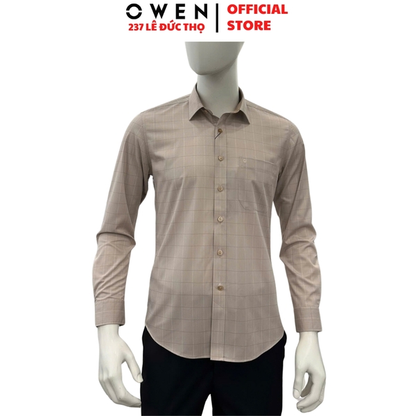 Áo sơ mi nam tay dài Owen AR255003DT màu be kẻ caro dáng suông regular fit tà lượn có túi chất liệu sợi sồi