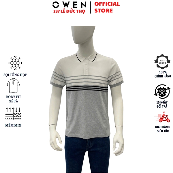 Áo thun polo Nam Tay Ngắn Có Cổ Owen APV253630 màu trắng phối ghi dáng suông tà bằng xẻ tà chất liệu cotton