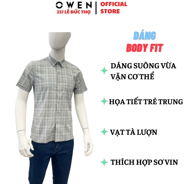 Áo sơ mi nam tay ngắn Owen AB250371NT màu xanh lá nhạt kẻ caro dáng suông body fit tà bằng có túi chất liệu bamboo spandex