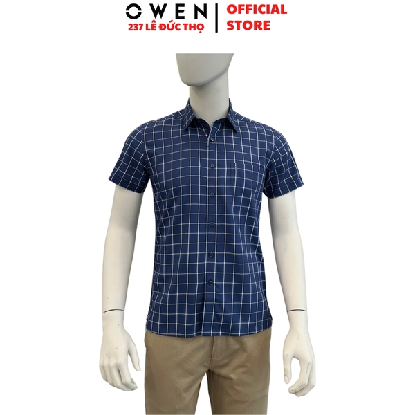 Áo Sơ Mi Nam Tay Ngắn Owen AB260058NT Xanh Tím Than Kẻ Caro Body Fit