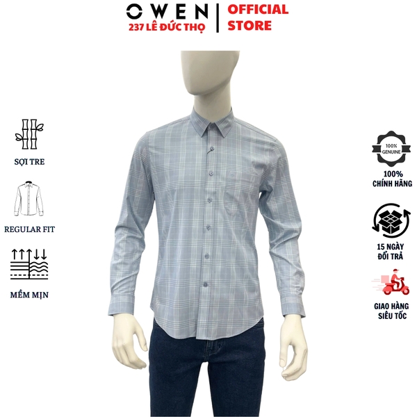 Áo Sơ mi nam tay dài Owen AR250347DT màu xanh nhạt kẻ caro dáng suông regular fit tà lượn có túi chất liệu bamboo spandex