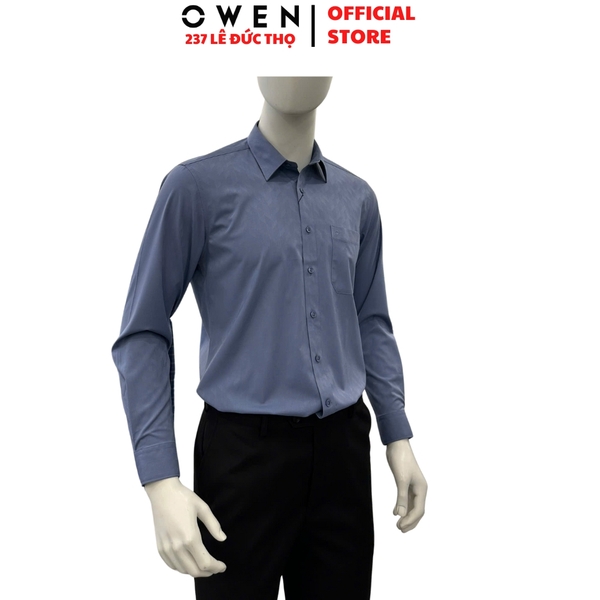 Áo sơ mi nam tay dài Owen AR255008DT màu xanh đậm dáng suông regular fit tà lượn có túi chất liệu sợi sồi