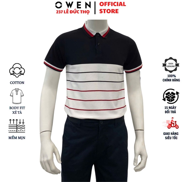 Áo Thun polo Nam Tay Ngắn Có Cổ Owen APV233190 màu trắng phối đen đỏ dáng suông tà bằng xẻ tà chất liệu cotton poly