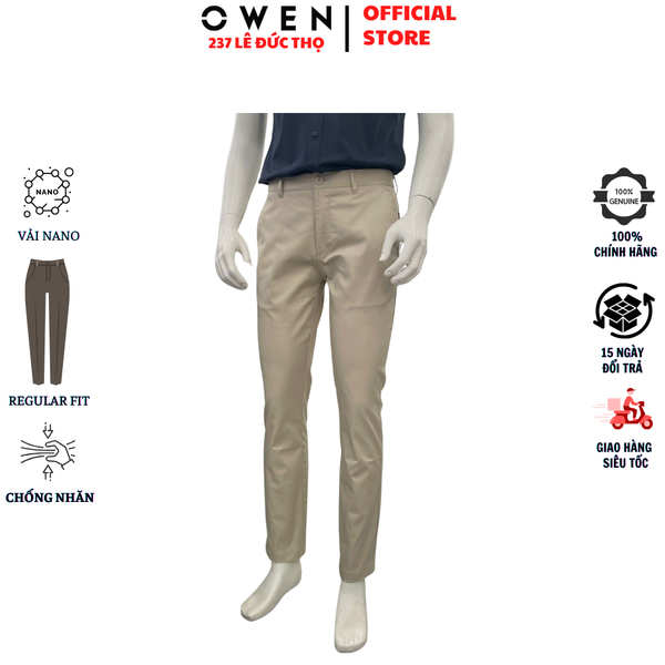 Quần kaki nam Owen QKR261006 màu be nhạt dáng suông regular fit chất liệu rayon polyester rycra