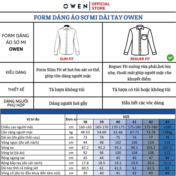 Áo Sơ Mi Nam Tay Dài Owen AR240617DT màu xanh dương kẻ chìm dáng suông regular fit tà lượn có túi chất liệu Nano