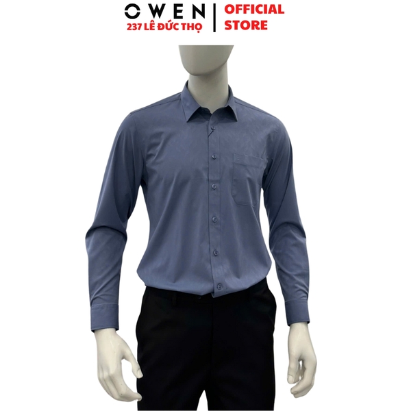 Áo sơ mi nam tay dài Owen AR255008DT màu xanh đậm dáng suông regular fit tà lượn có túi chất liệu sợi sồi