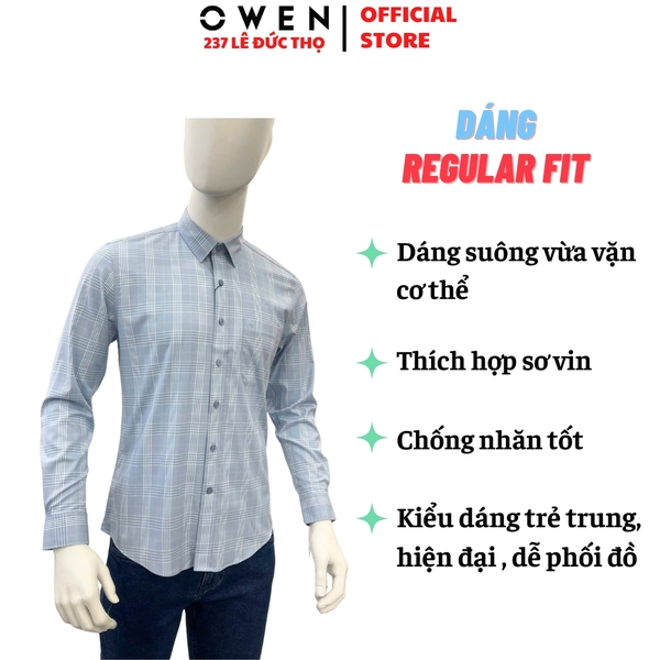 Áo Sơ mi nam tay dài Owen AR250347DT màu xanh nhạt kẻ caro dáng suông regular fit tà lượn có túi chất liệu bamboo spandex
