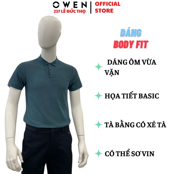 Áo Thun polo Nam Tay Ngắn Có Cổ Owen APV253613 màu xanh lá đậm dáng suông tà bằng xẻ tà chất liệu cotton poly