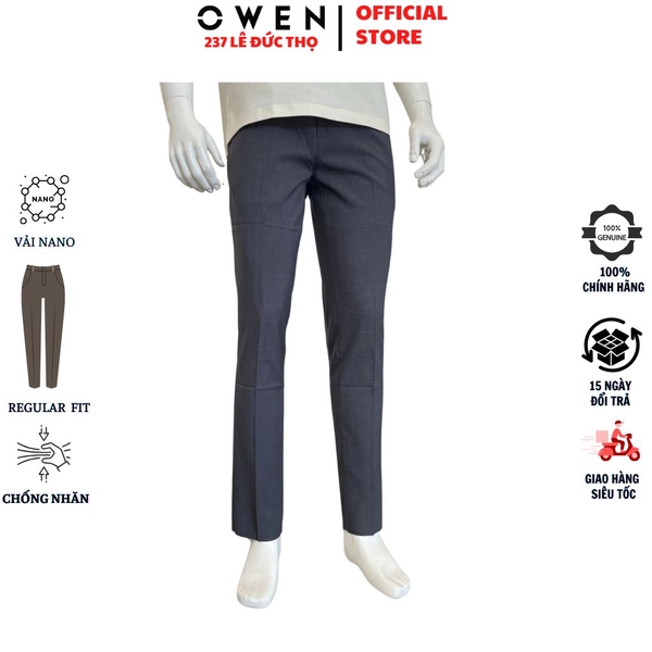 Quần Tây Nam Owen QRT263053 màu xám đậm dáng suông regular fit cạp tăng đơ chất liệu nano