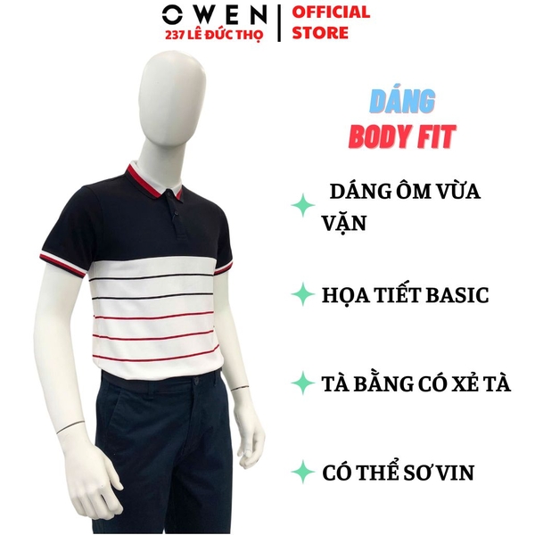 Áo Thun polo Nam Tay Ngắn Có Cổ Owen APV233190 màu trắng phối đen đỏ dáng suông tà bằng xẻ tà chất liệu cotton poly