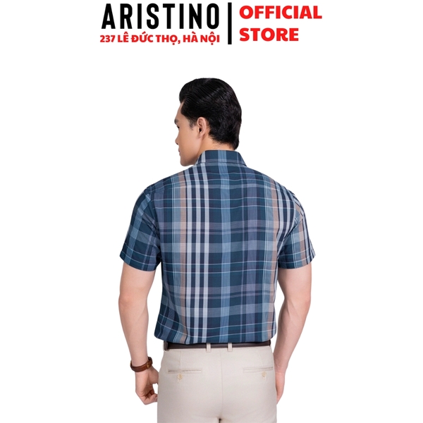 Áo Sơ Mi Nam Ngắn Tay Aristino ASS078AS3 màu xanh cổ vịt kẻ