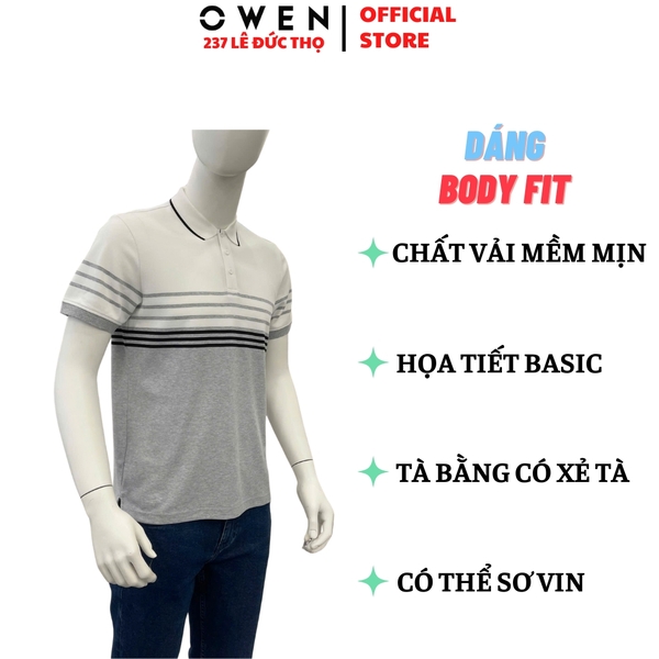 Áo thun polo Nam Tay Ngắn Có Cổ Owen APV253630 màu trắng phối ghi dáng suông tà bằng xẻ tà chất liệu cotton