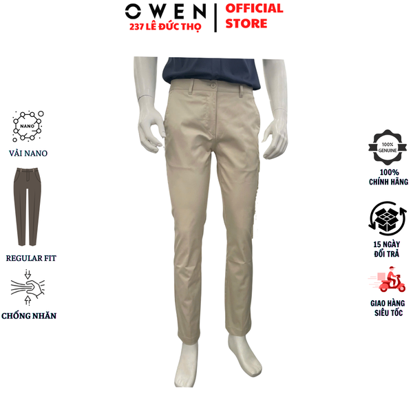 Quần kaki nam Owen QKR261006 màu be nhạt dáng suông regular fit chất liệu rayon polyester rycra