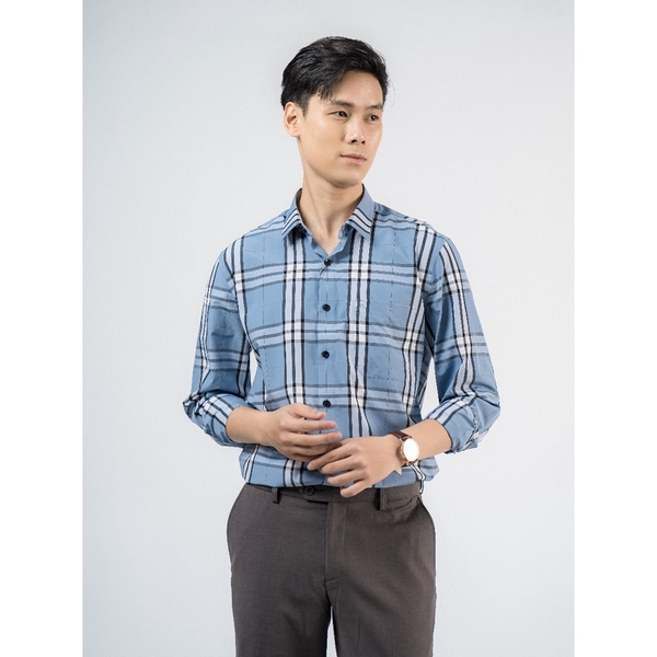 Áo Sơ Mi Nam Tay Dài Owen AR220053DT Màu Kẻ Caro Lớn Xanh Xám Đen Trắng Dáng Regular Fit Tà Lượn Có Túi Chất Vải Sợi Tre