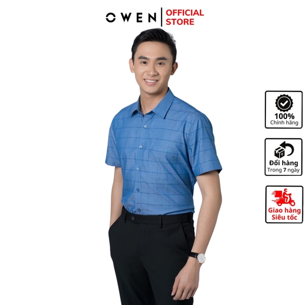 Áo Sơ Mi Nam Tay Ngắn Owen AR220413NT Màu Xanh Da Trời Đậm Kẻ Ngang Dáng Regular Fit Có Túi Chất Vải Bạc Hà