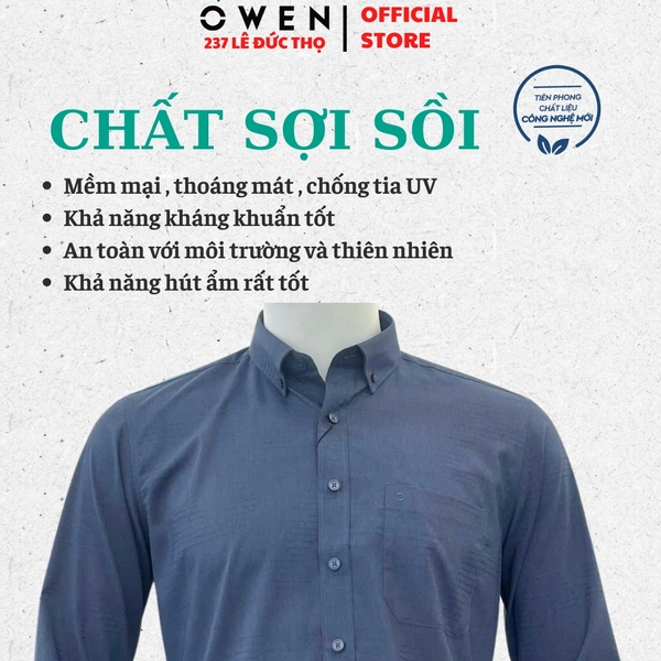 Áo sơ mi nam tay dài Owen AR240586DT màu xanh tím than dáng suông regular fit tà lượn có túi chất liệu modal spandex