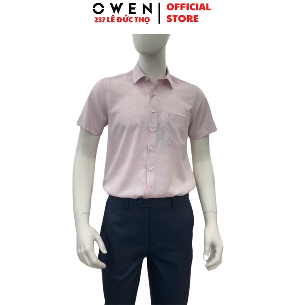 Áo sơ mi nam tay ngắn Owen AF260109NT màu hồng dáng suông Plus size tà lượn có túi chất liệu Bamboo polyester