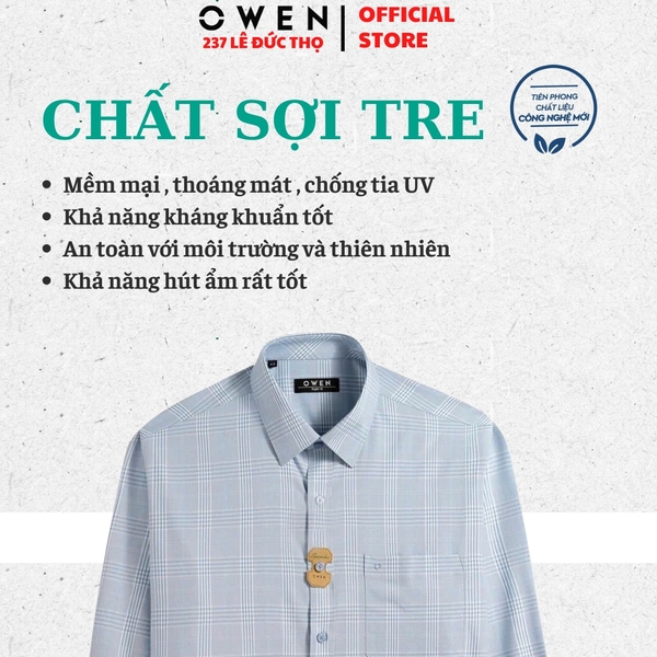 Áo Sơ mi nam tay dài Owen AR250347DT màu xanh nhạt kẻ caro dáng suông regular fit tà lượn có túi chất liệu bamboo spandex