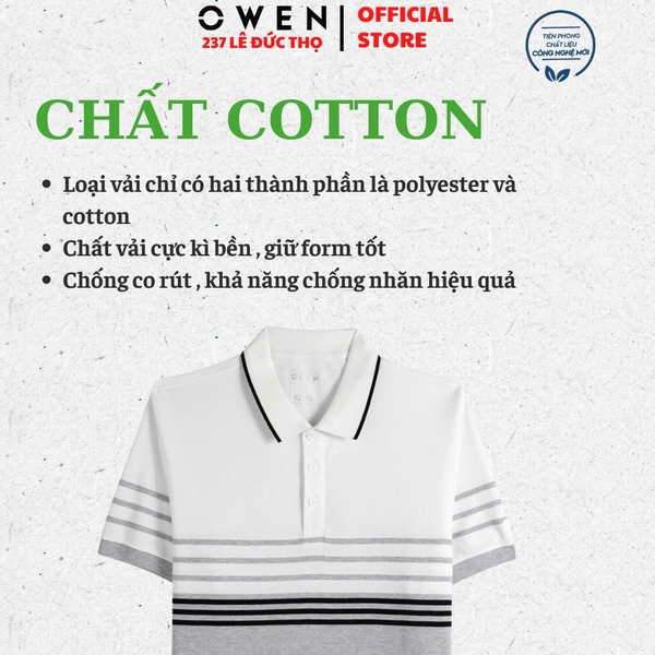Áo thun polo Nam Tay Ngắn Có Cổ Owen APV253630 màu trắng phối ghi dáng suông tà bằng xẻ tà chất liệu cotton