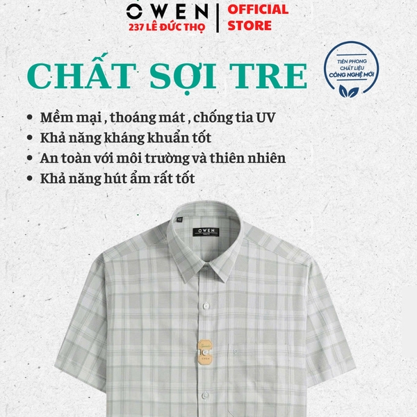 Áo sơ mi nam tay ngắn Owen AB250371NT màu xanh lá nhạt kẻ caro dáng suông body fit tà bằng có túi chất liệu bamboo spandex