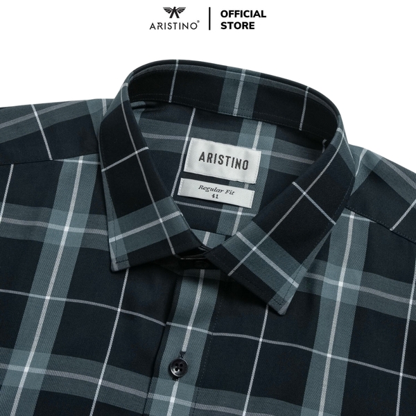Áo Sơ Mi Nam Dài Tay Aristino ALS1800Z màu đen kẻ xanh dáng suông vừa regular fit tà lượn