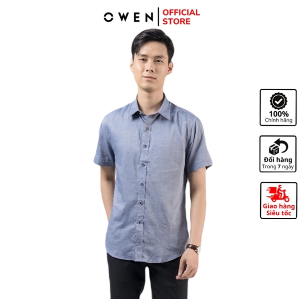 Áo Sơ Mi Nam Tay Ngắn Owen AS220135N Màu Oxford Navy Slim Fit Tà Lượn Không Túi Ngực Vải Sợi Tre