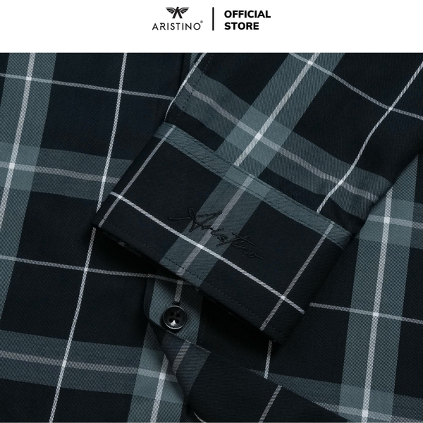Áo Sơ Mi Nam Dài Tay Aristino ALS1800Z màu đen kẻ xanh dáng suông vừa regular fit tà lượn