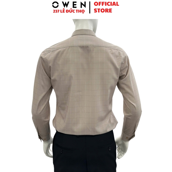 Áo sơ mi nam tay dài Owen AR255003DT màu be kẻ caro dáng suông regular fit tà lượn có túi chất liệu sợi sồi