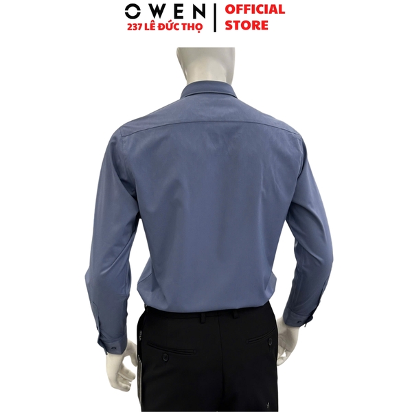 Áo sơ mi nam tay dài Owen AR255008DT màu xanh đậm dáng suông regular fit tà lượn có túi chất liệu sợi sồi