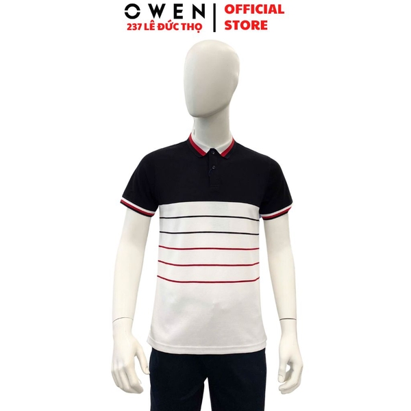 Áo Thun polo Nam Tay Ngắn Có Cổ Owen APV233190 màu trắng phối đen đỏ dáng suông tà bằng xẻ tà chất liệu cotton poly