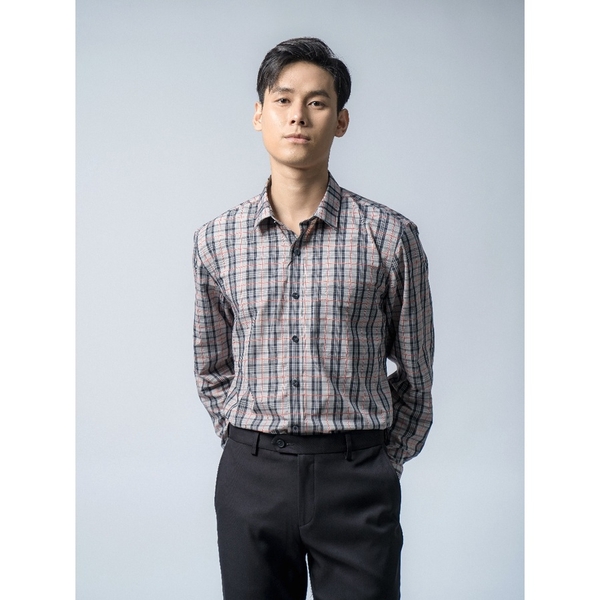 Áo Sơ Mi Nam Tay Dài Owen AR220151DT Màu Kẻ Caro Ghi Đen Đỏ Dáng Regular Fit Tà Lượn Có Túi Chất liệu Vải Sợi Tre