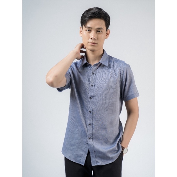 Áo Sơ Mi Nam Tay Ngắn Owen AS220135N Màu Oxford Navy Slim Fit Tà Lượn Không Túi Ngực Vải Sợi Tre