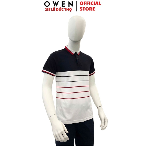 Áo Thun polo Nam Tay Ngắn Có Cổ Owen APV233190 màu trắng phối đen đỏ dáng suông tà bằng xẻ tà chất liệu cotton poly