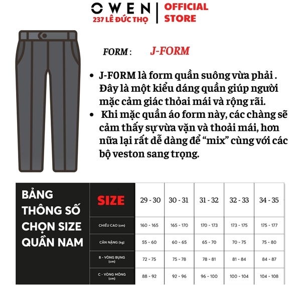 Quần tây Nam Owen QG257113 màu xanh dáng suông thể thao S-Form chất liệu polyester