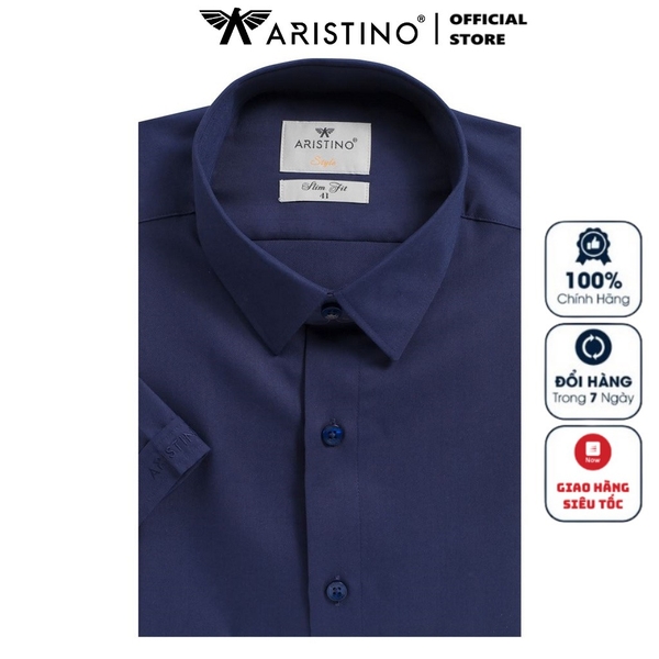 Áo Sơ Mi Nam Tay Ngắn Aristino ASS038S9 Màu Xanh Tím Than Kiểu Dáng Slim Fit Vải Sợi Tre