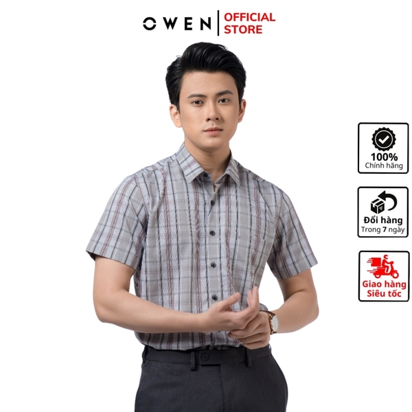 Áo Sơ Mi Nam Tay Ngắn Owen BA220222NT Màu Kẻ Caro Nâu Đen Trắng Dáng Body Fit Tà Bằng Có Túi Chất Vải Bạc Hà