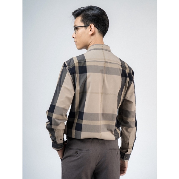 Áo Sơ Mi Nam Tay Dài Owen AR220149DT Màu Kẻ Caro Lớn Nâu Be Đen Dáng Regular Fit Tà Lượn Có Túi Vải Sợi Tre