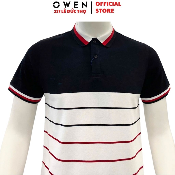 Áo Thun polo Nam Tay Ngắn Có Cổ Owen APV233190 màu trắng phối đen đỏ dáng suông tà bằng xẻ tà chất liệu cotton poly