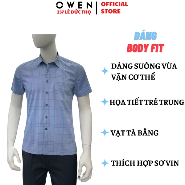 Áo sơ mi nam tay ngắn Owen AB260006NT màu xanh kẻ caro dáng suông body fit tà bằng có túi chất liệu modal polyester