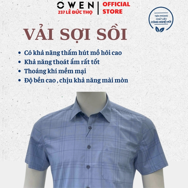 Áo sơ mi nam tay ngắn Owen AB260006NT màu xanh kẻ caro dáng suông body fit tà bằng có túi chất liệu modal polyester