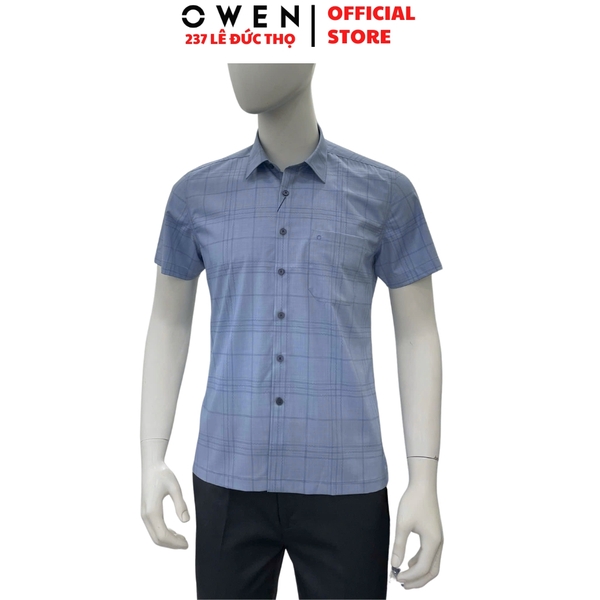 Áo sơ mi nam tay ngắn Owen AB260006NT màu xanh kẻ caro dáng suông body fit tà bằng có túi chất liệu modal polyester
