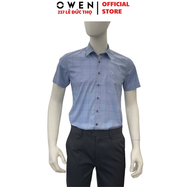 Áo sơ mi nam tay ngắn Owen AB260006NT màu xanh kẻ caro dáng suông body fit tà bằng có túi chất liệu modal polyester